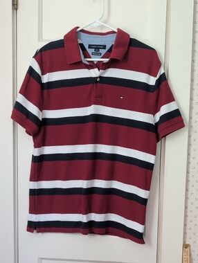 Tommy Hilfiger Large Mens Burgundy, White & Black Striped Polo Vintage Preppy